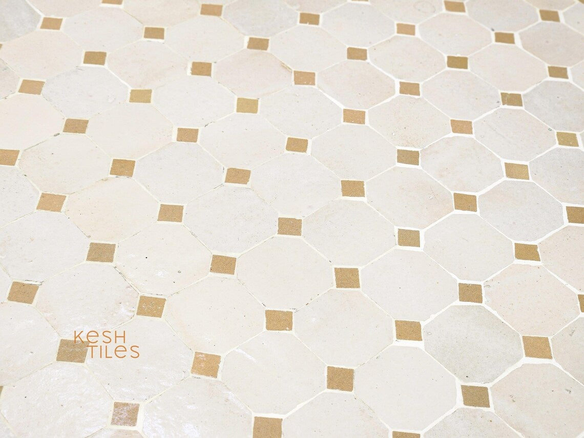 Amina - Round Mosaic Coffee Table, Handmade Beige and Off White Tile Table