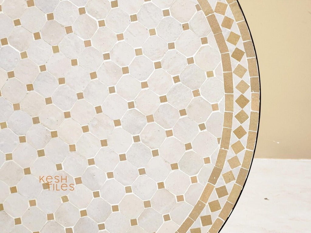Amina - Round Mosaic Coffee Table, Handmade Beige and Off White Tile Table