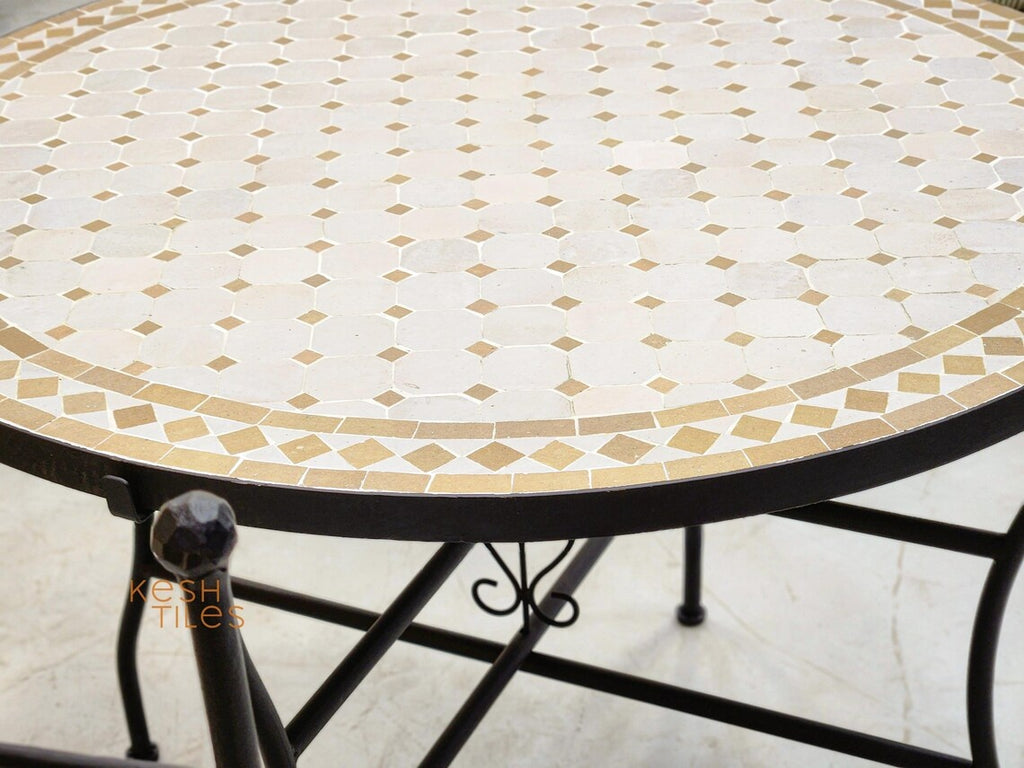 Amina - Round Mosaic Coffee Table, Handmade Beige and Off White Tile Table