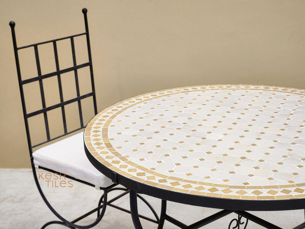 Amina - Round Mosaic Coffee Table, Handmade Beige and Off White Tile Table