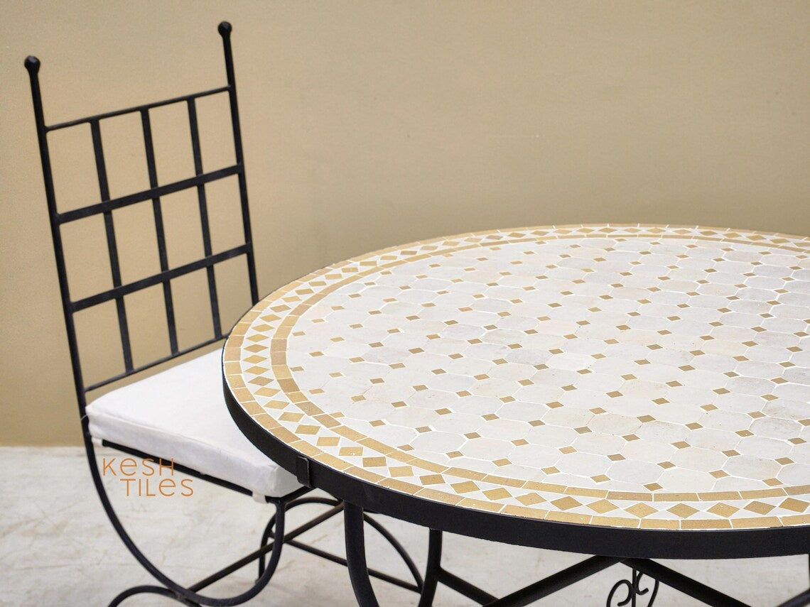 Amina - Round Mosaic Coffee Table, Handmade Beige and Off White Tile Table