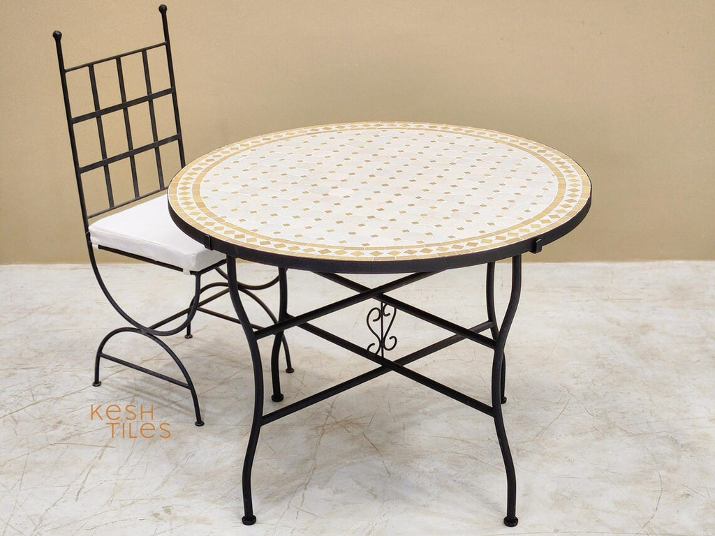 Amina - Round Mosaic Coffee Table, Handmade Beige and Off White Tile Table