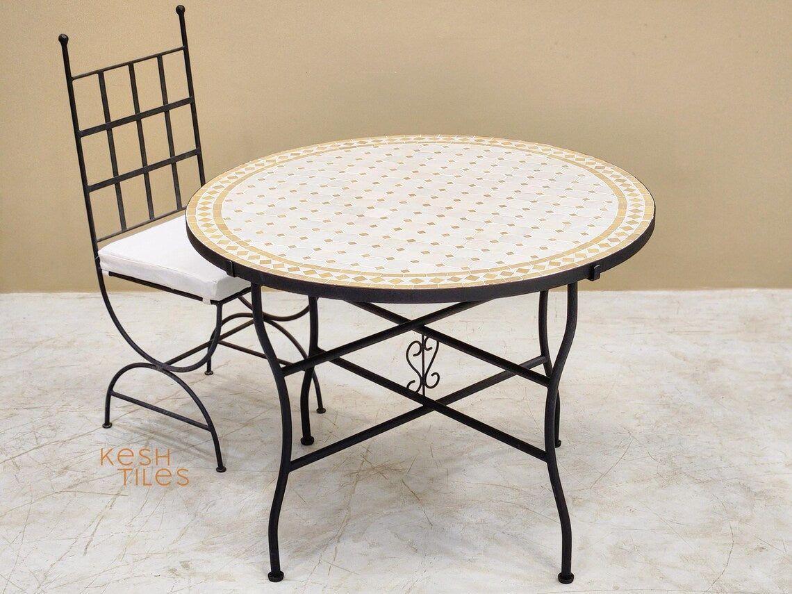 Amina - Round Mosaic Coffee Table, Handmade Beige and Off White Tile Table