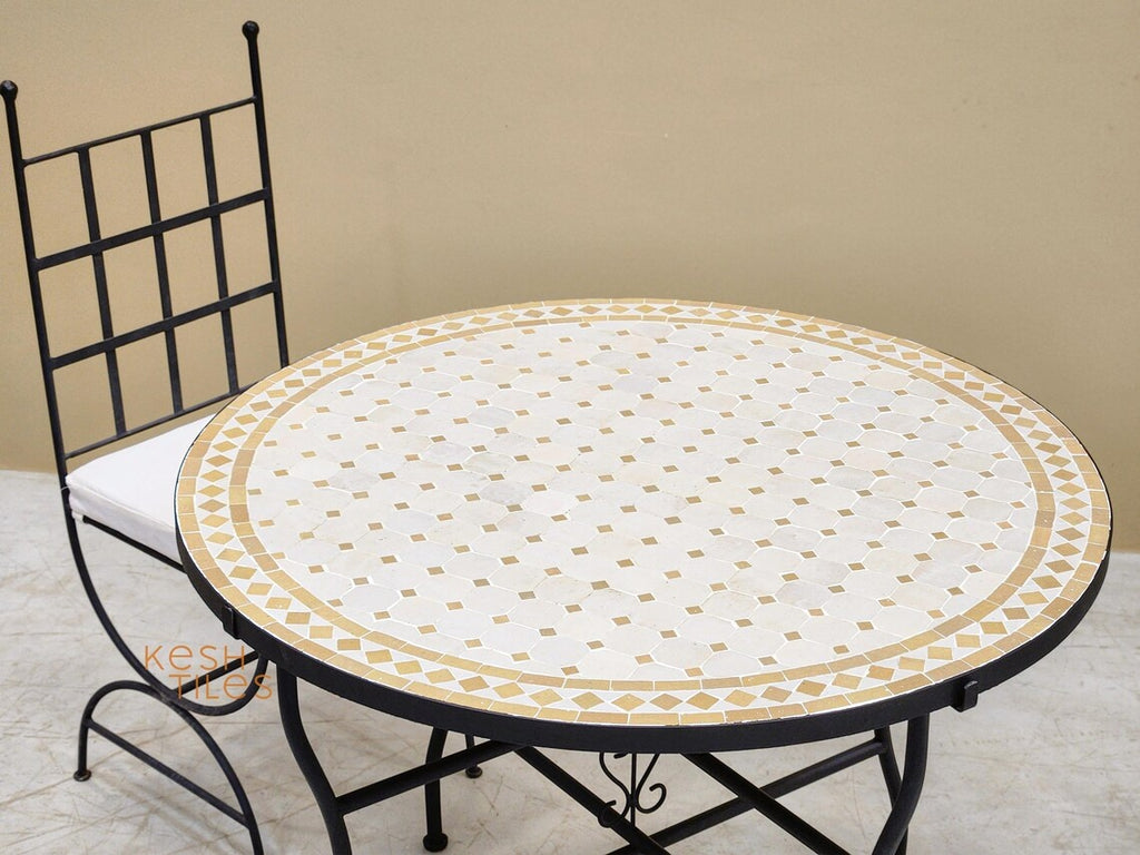 Amina - Round Mosaic Coffee Table, Handmade Beige and Off White Tile Table