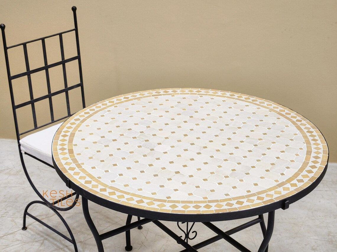 Amina - Round Mosaic Coffee Table, Handmade Beige and Off White Tile Table
