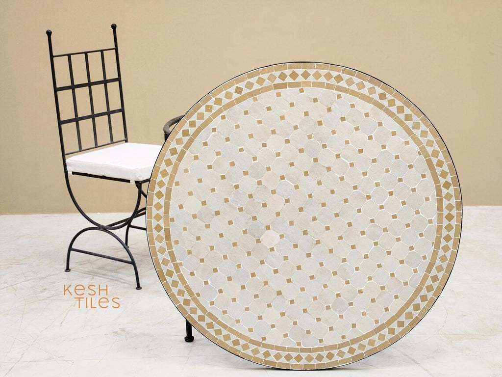 Amina - Round Mosaic Coffee Table, Handmade Beige and Off White Tile Table