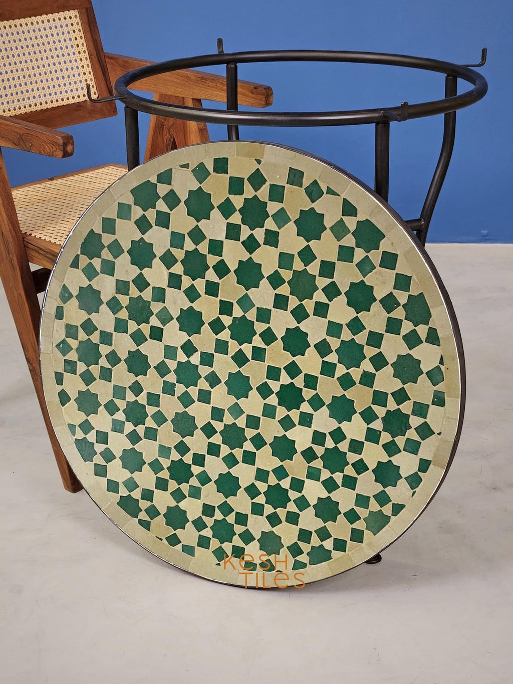 Rahma - Green and Beige Mosaic Coffee Table, Handmade Moroccan Zellige Table