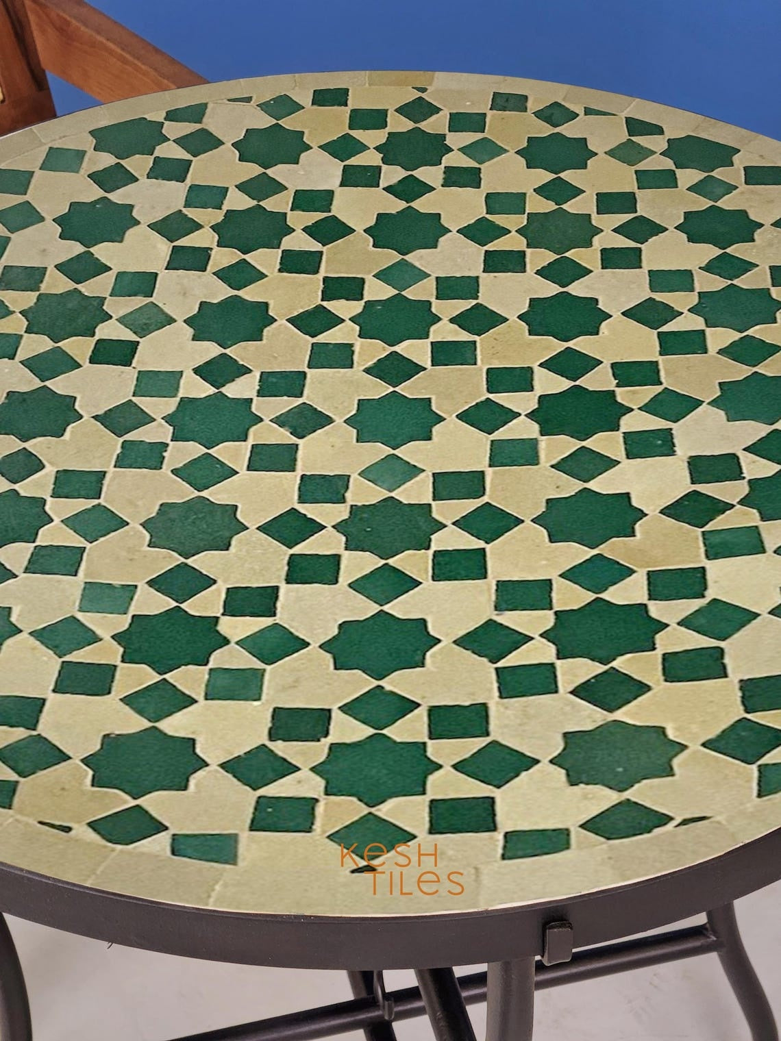 Rahma - Green and Beige Mosaic Coffee Table, Handmade Moroccan Zellige Table