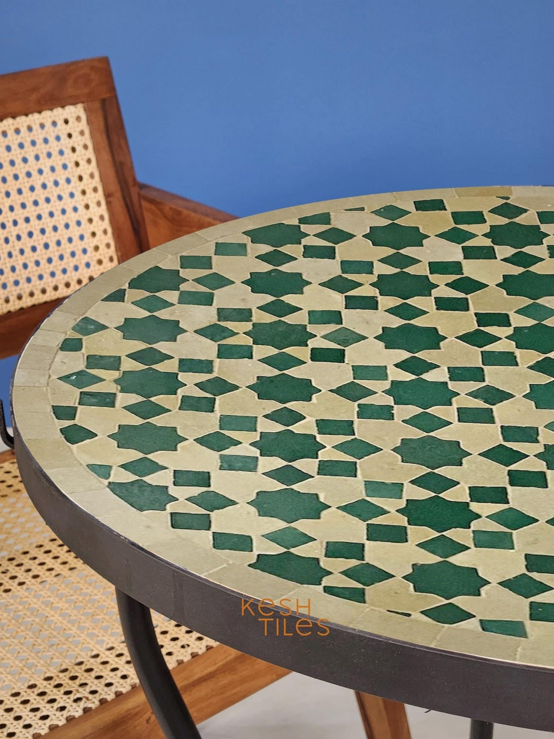 Rahma - Green and Beige Mosaic Coffee Table, Handmade Moroccan Zellige Table