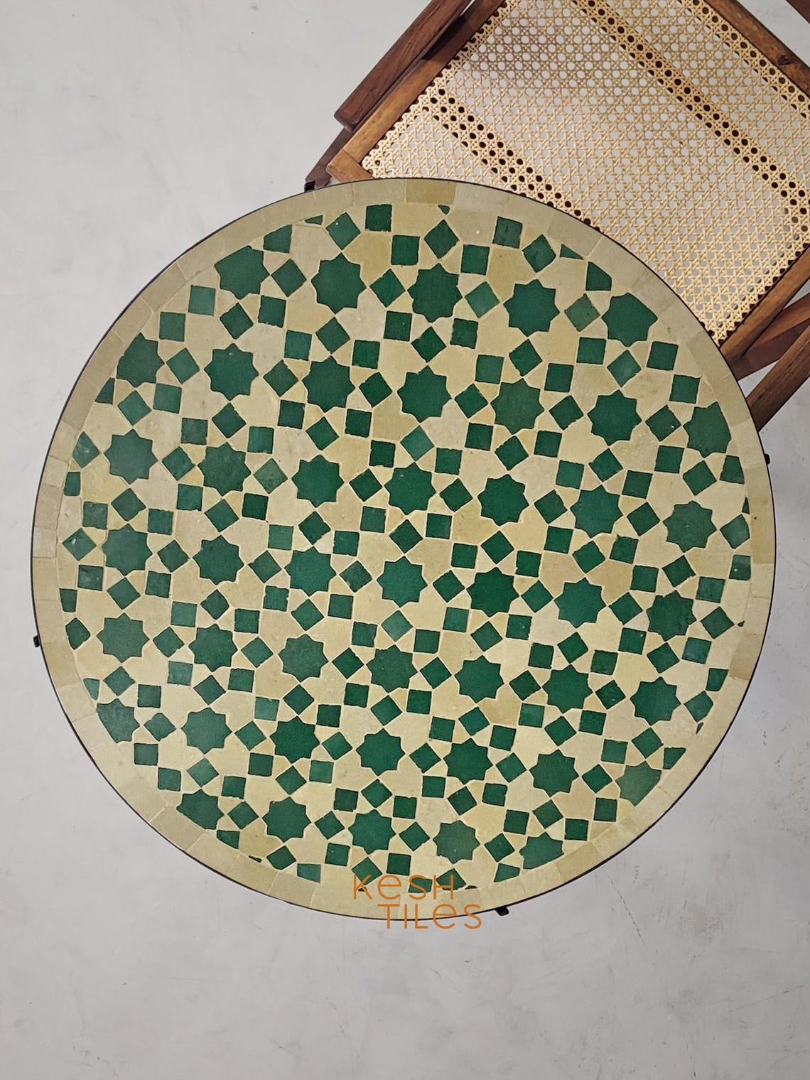 Rahma - Green and Beige Mosaic Coffee Table, Handmade Moroccan Zellige Table