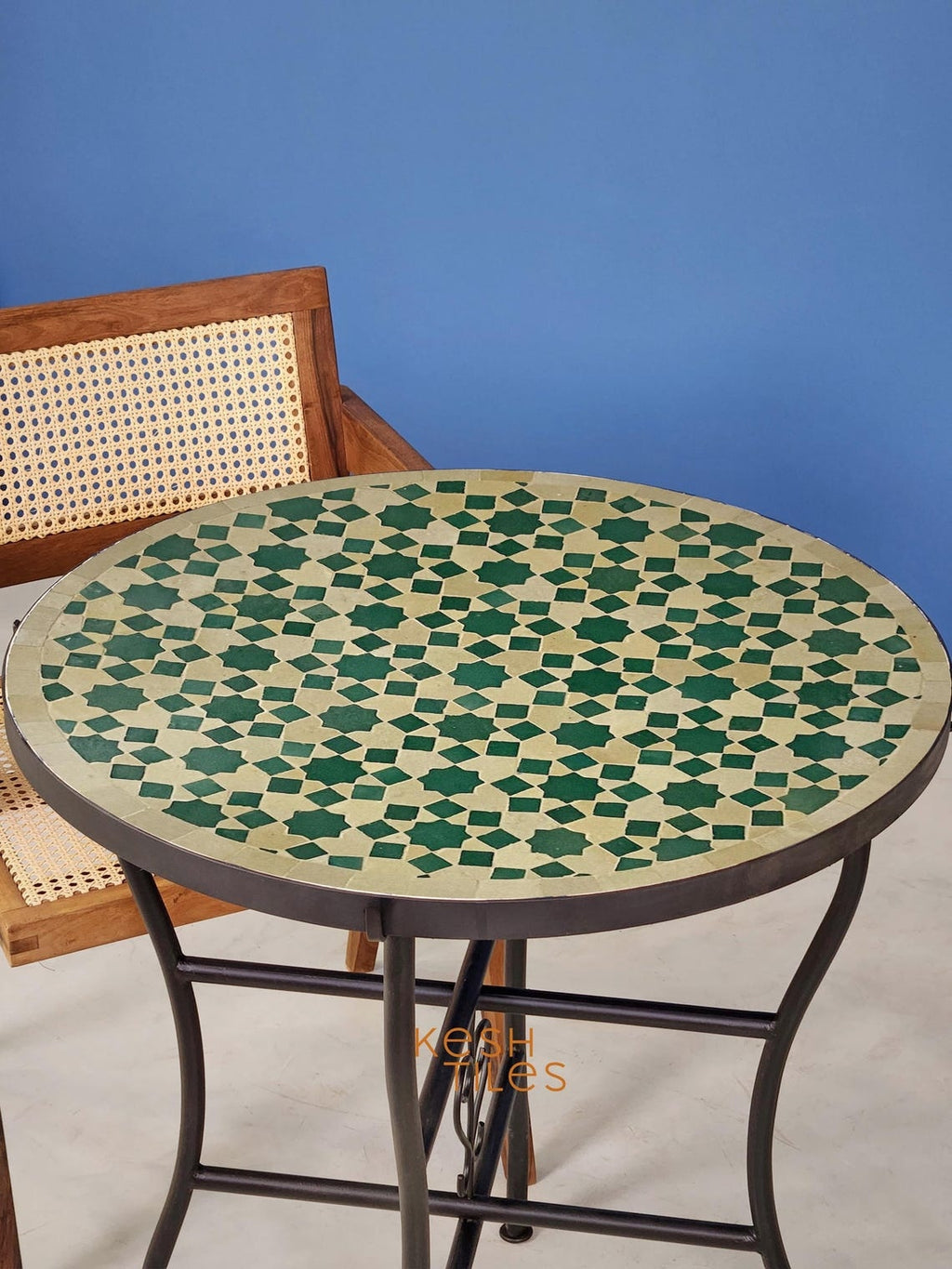 Rahma - Green and Beige Mosaic Coffee Table, Handmade Moroccan Zellige Table