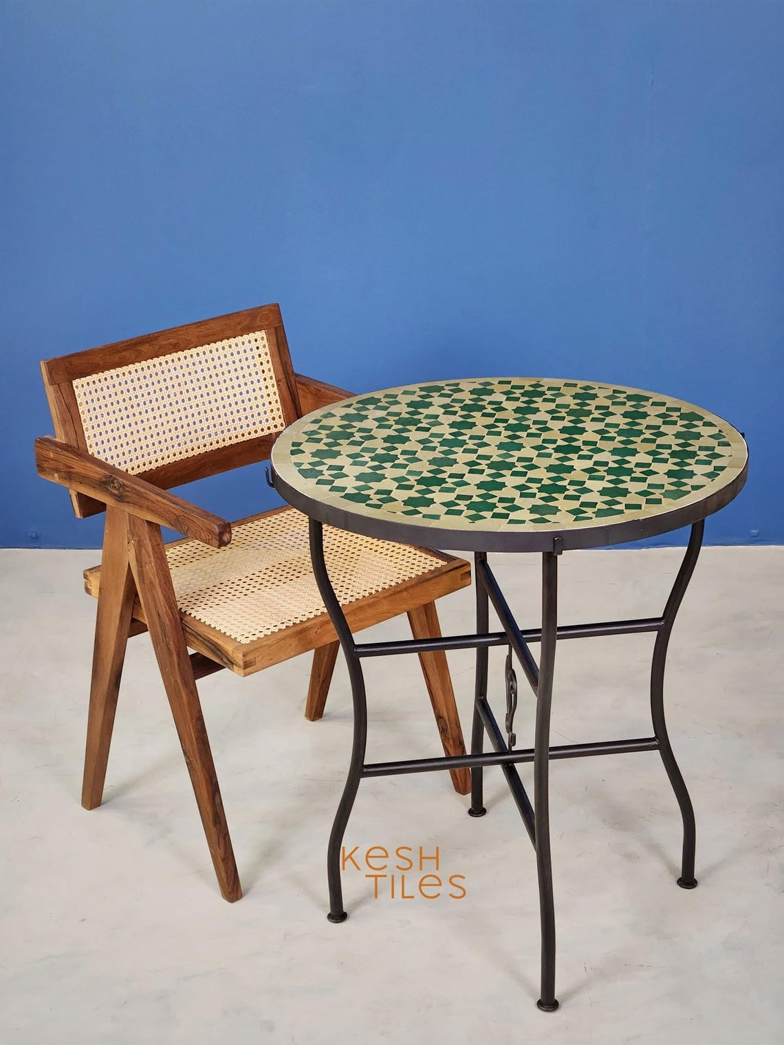 Rahma - Green and Beige Mosaic Coffee Table, Handmade Moroccan Zellige Table