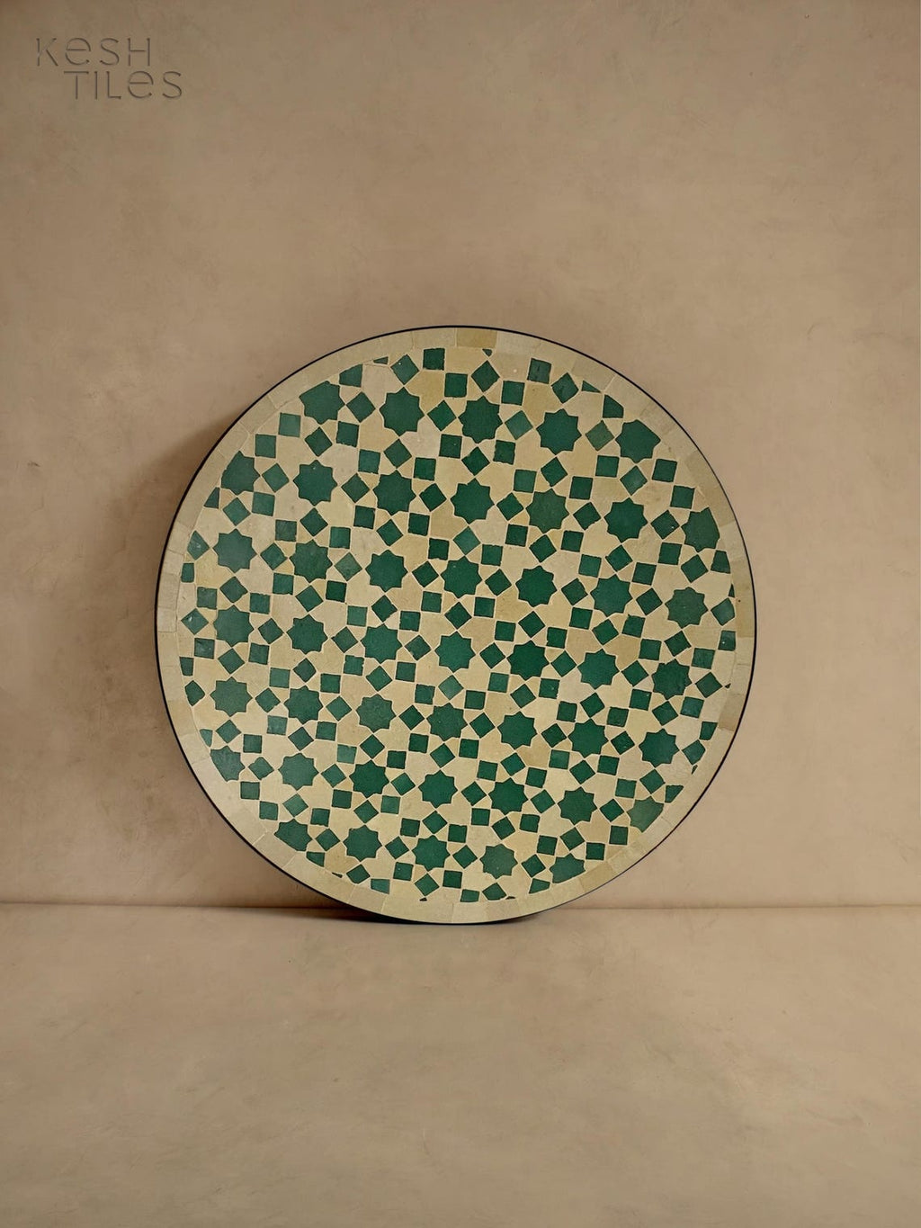 Rahma - Green and Beige Mosaic Coffee Table, Handmade Moroccan Zellige Table