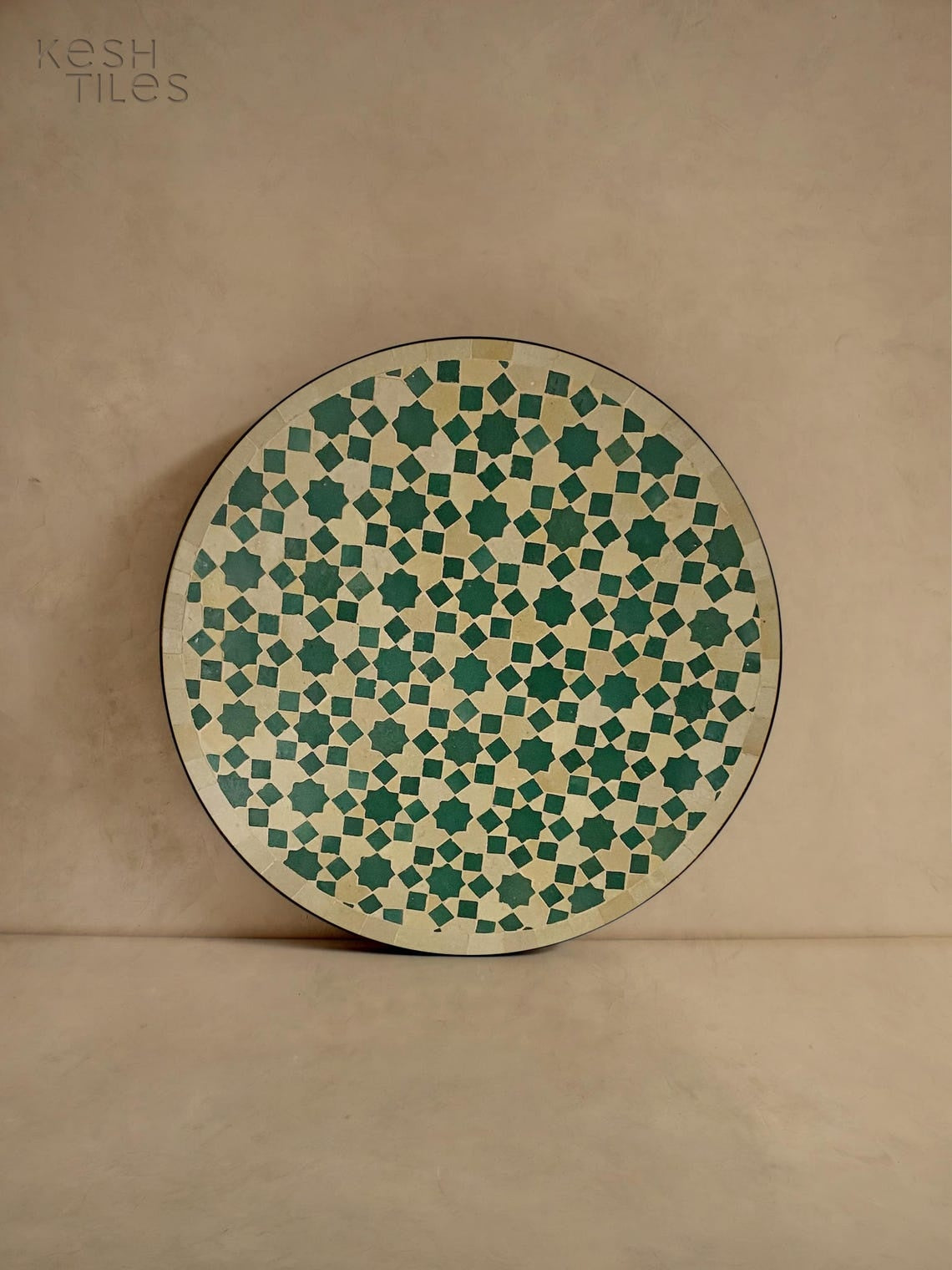 Rahma - Green and Beige Mosaic Coffee Table, Handmade Moroccan Zellige Table