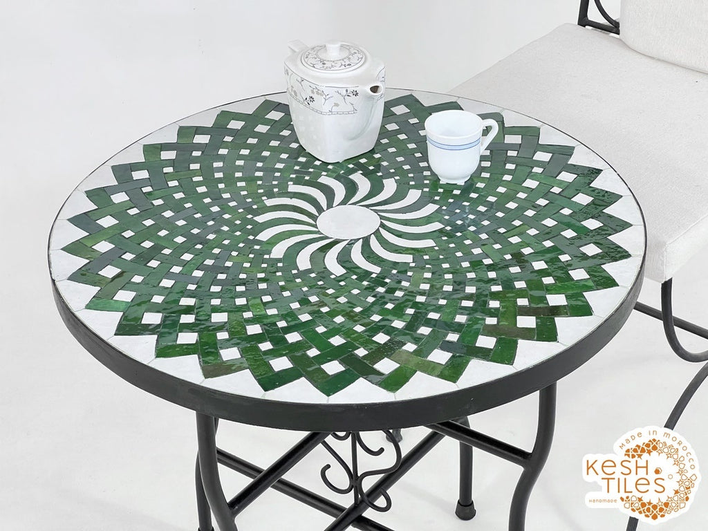 Yasmine - Green Mosaic Coffee Table, Round Handmade Moroccan Patio Table