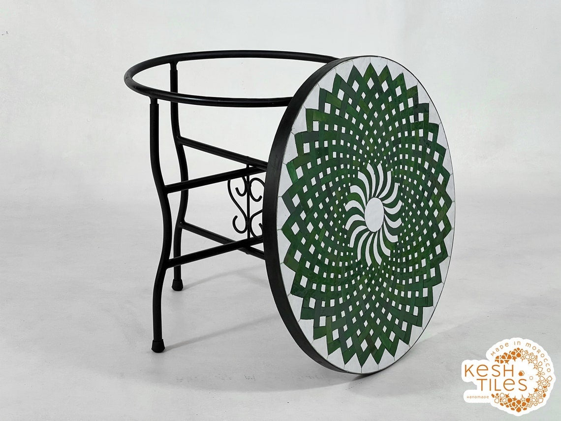 Yasmine - Green Mosaic Coffee Table, Round Handmade Moroccan Patio Table