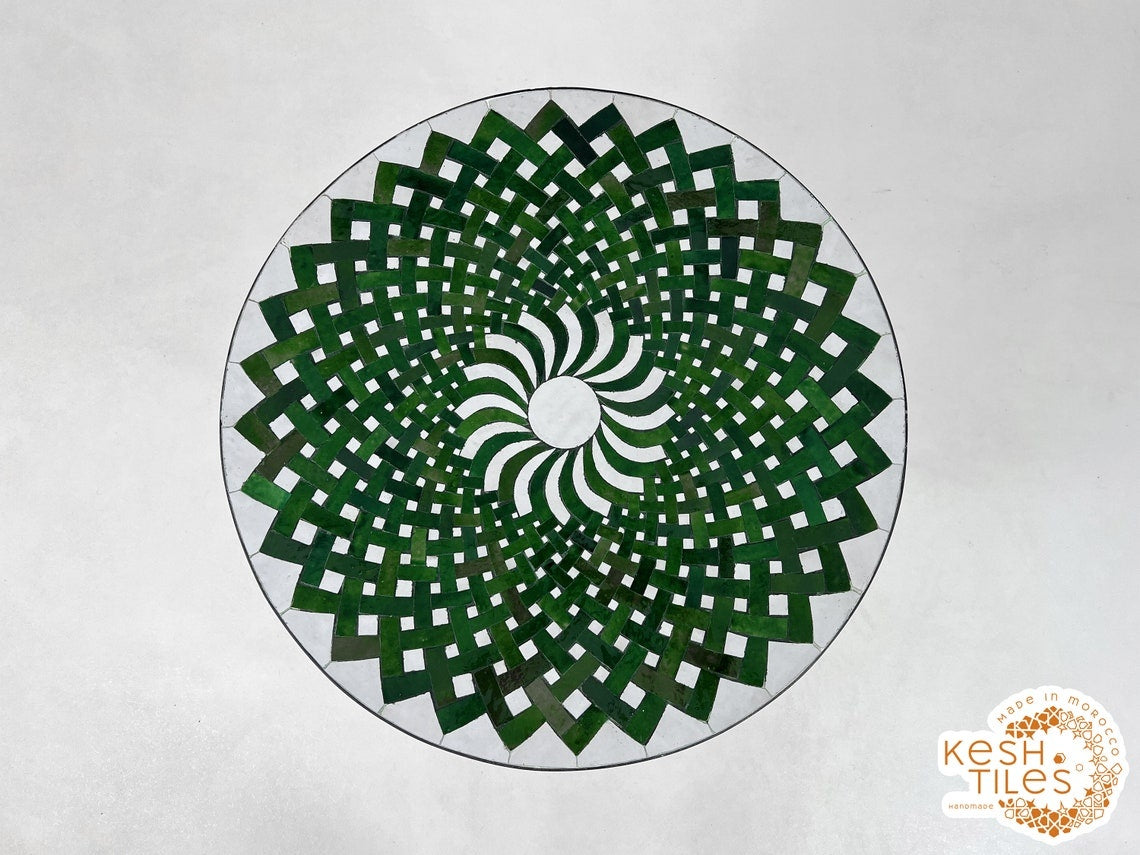 Yasmine - Green Mosaic Coffee Table, Round Handmade Moroccan Patio Table