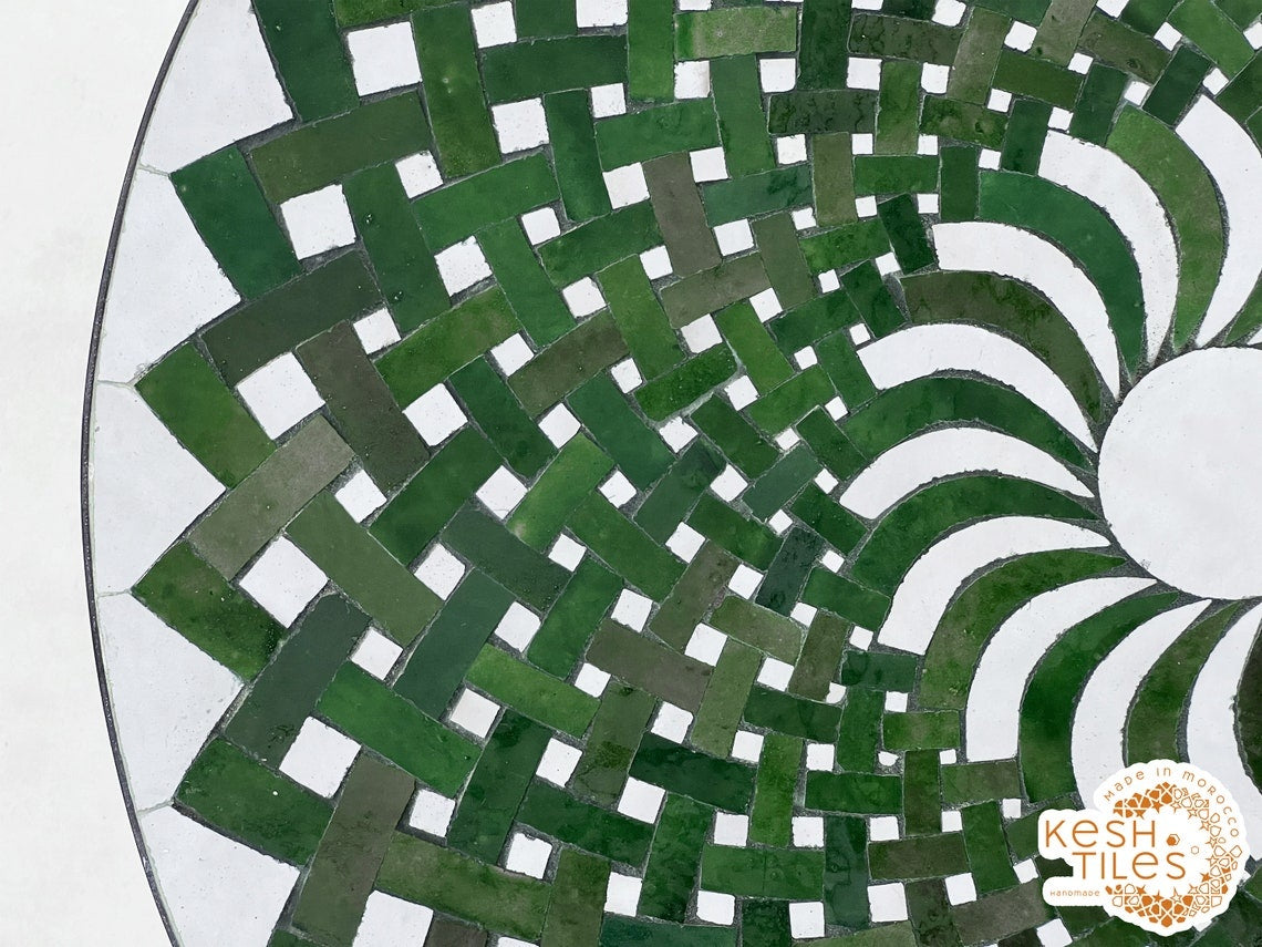 Yasmine - Green Mosaic Coffee Table, Round Handmade Moroccan Patio Table