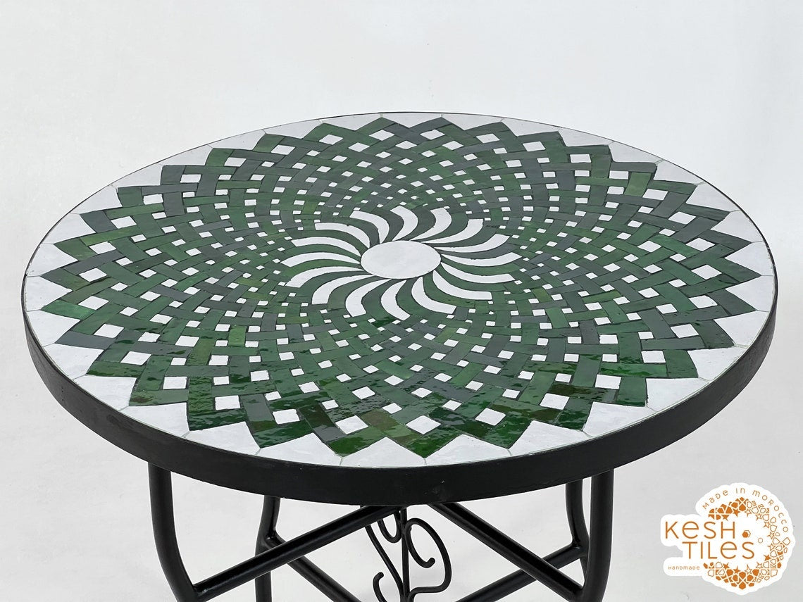Yasmine - Green Mosaic Coffee Table, Round Handmade Moroccan Patio Table