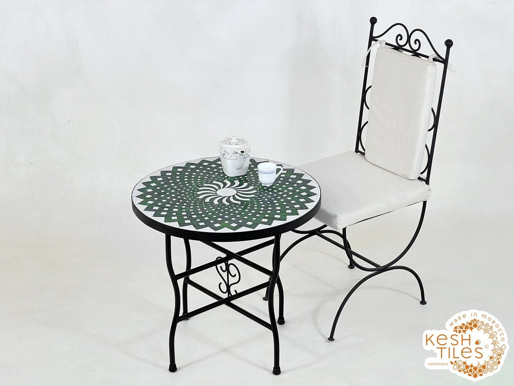 Yasmine - Green Mosaic Coffee Table, Round Handmade Moroccan Patio Table