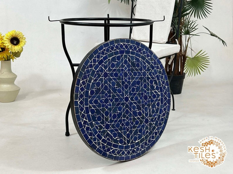Ranya - Tealish Blue Mosaic Coffee Table, Round Handmade Zellige Table