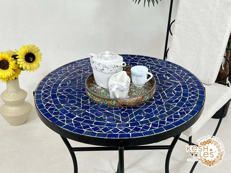 Ranya - Tealish Blue Mosaic Coffee Table, Round Handmade Zellige Table