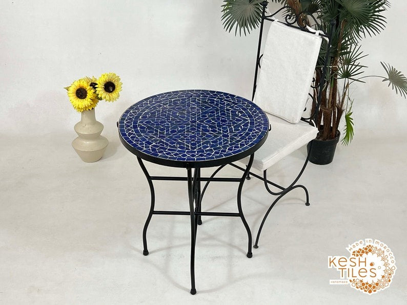 Ranya - Tealish Blue Mosaic Coffee Table, Round Handmade Zellige Table