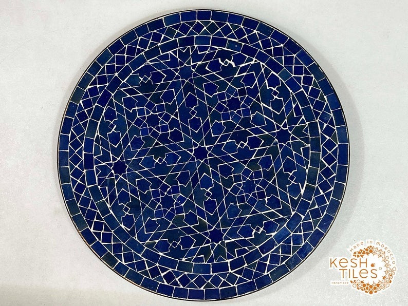 Ranya - Tealish Blue Mosaic Coffee Table, Round Handmade Zellige Table