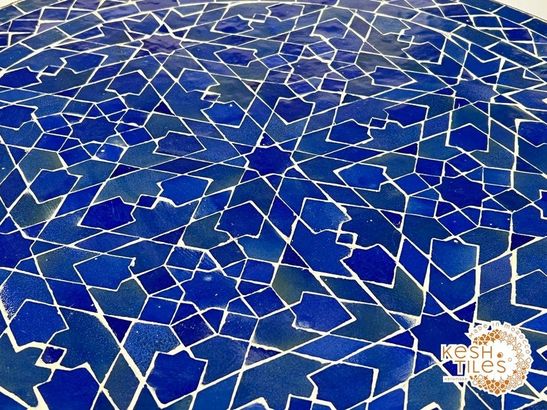 Ranya - Tealish Blue Mosaic Coffee Table, Round Handmade Zellige Table