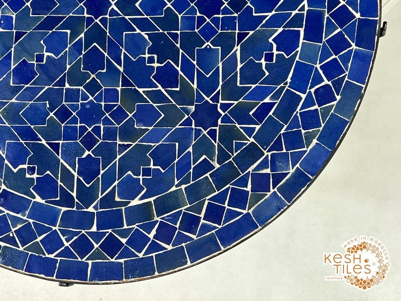 Ranya - Tealish Blue Mosaic Coffee Table, Round Handmade Zellige Table
