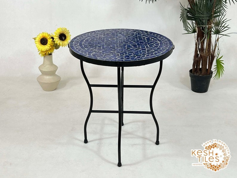 Ranya - Tealish Blue Mosaic Coffee Table, Round Handmade Zellige Table