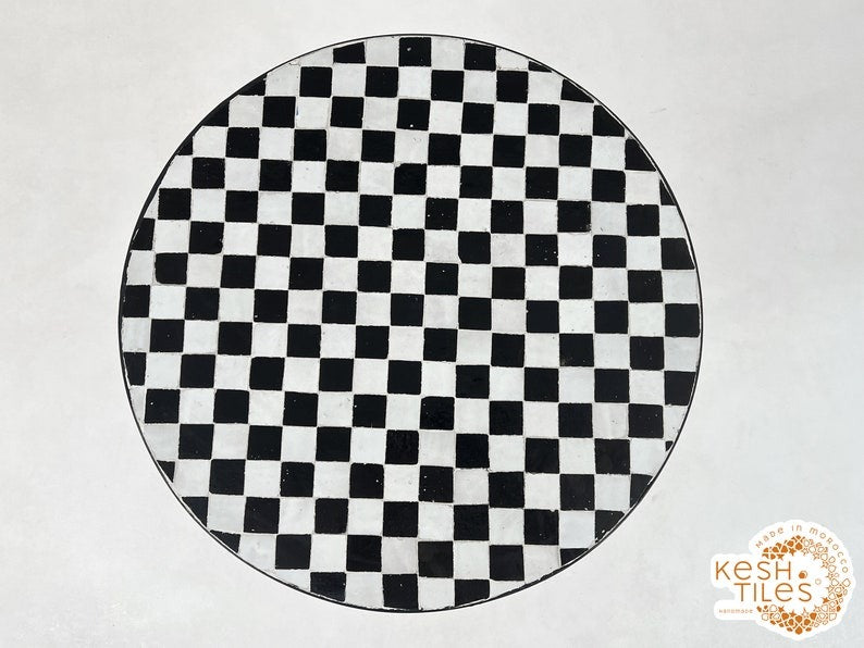Amayas - Black and White Mosaic Dining Table, Round Moroccan Zellige Table