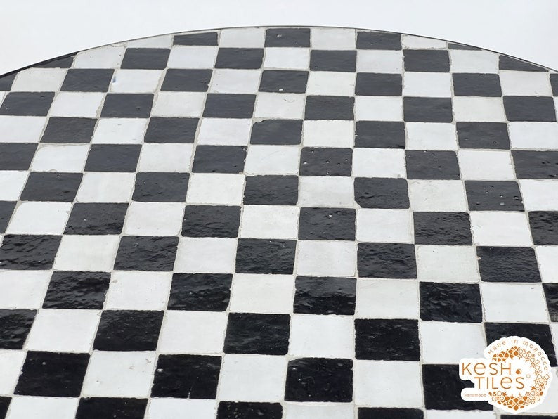 Amayas - Black and White Mosaic Dining Table, Round Moroccan Zellige Table
