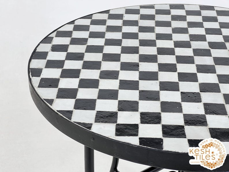 Amayas - Black and White Mosaic Dining Table, Round Moroccan Zellige Table