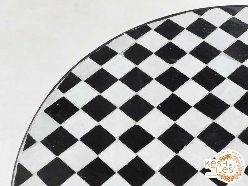 Amayas - Black and White Mosaic Dining Table, Round Moroccan Zellige Table