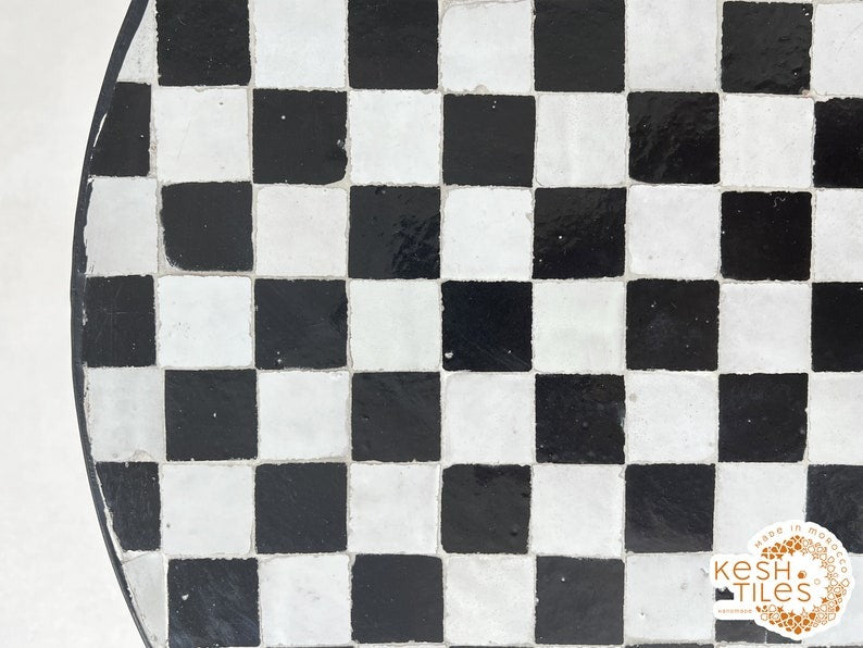 Amayas - Black and White Mosaic Dining Table, Round Moroccan Zellige Table
