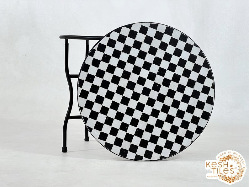 Amayas - Black and White Mosaic Dining Table, Round Moroccan Zellige Table