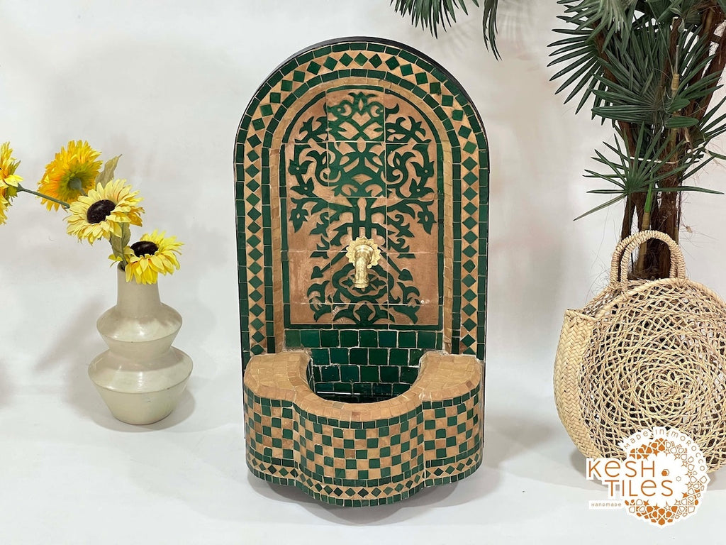 Dounia - Tree of Life Mosaic Fountain, Arched Beige Emerald Zellige