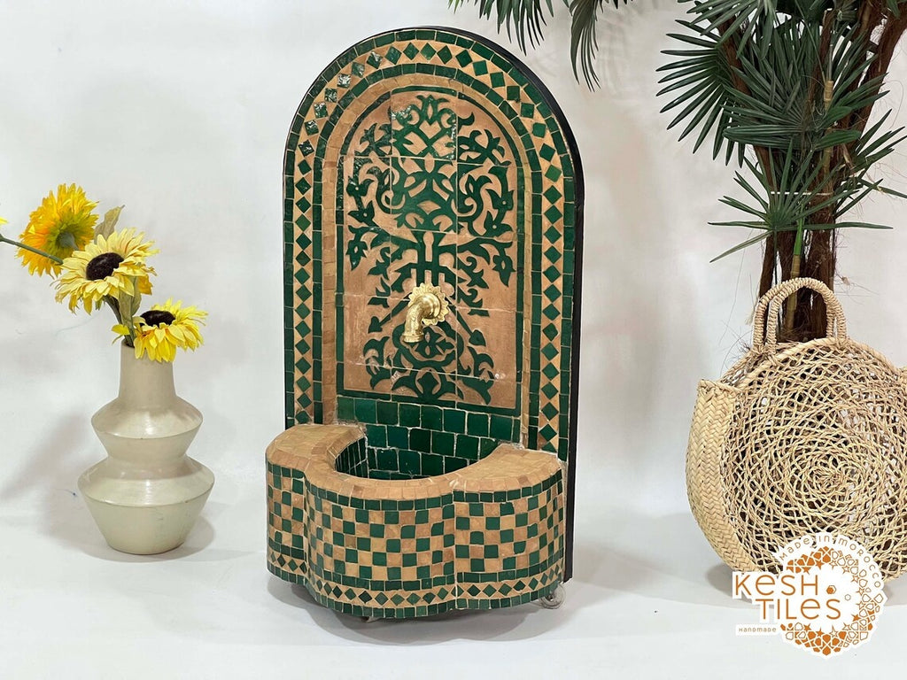 Dounia - Tree of Life Mosaic Fountain, Arched Beige Emerald Zellige