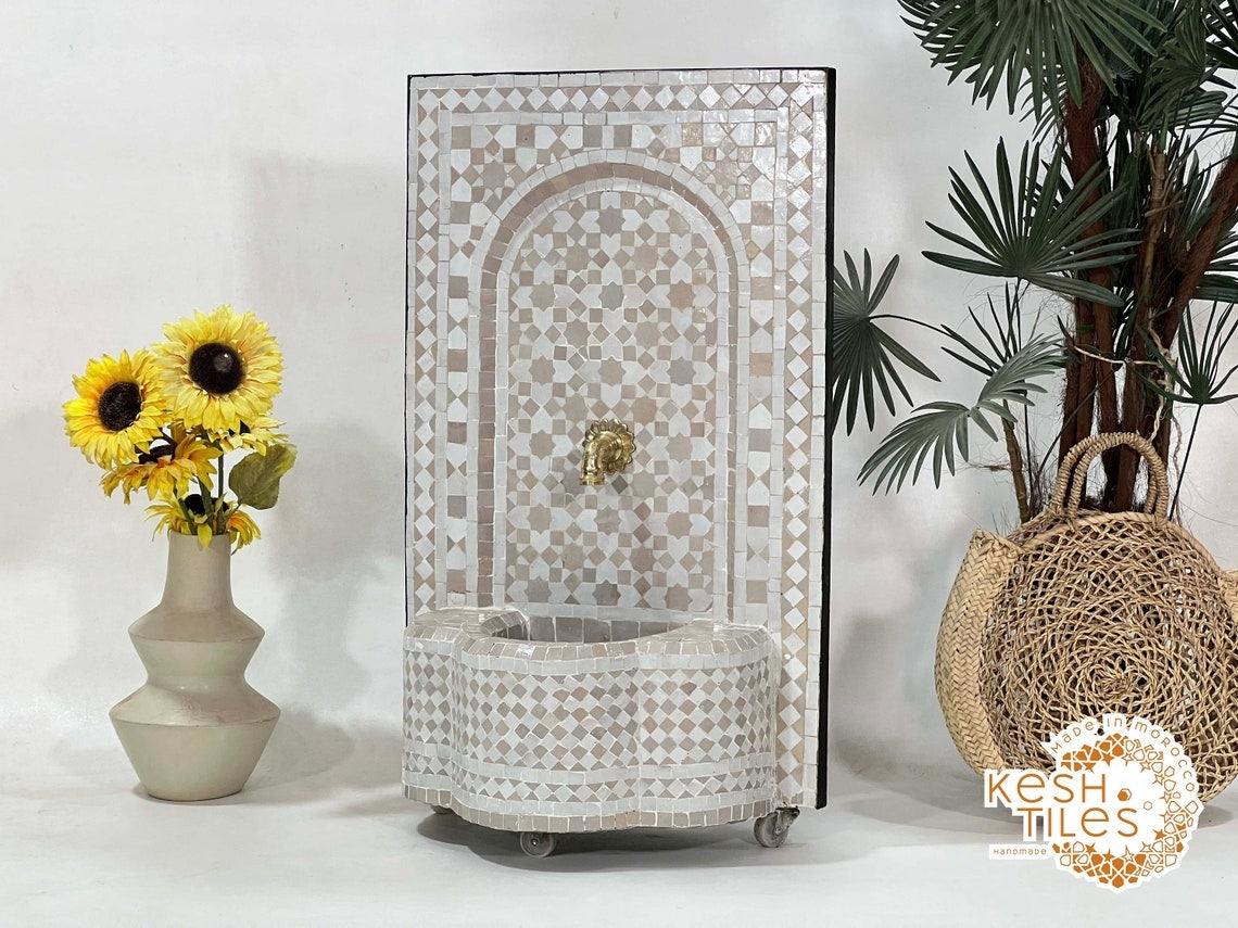 Samya - Beige Mosaic Fountain, Moroccan Zellige Tabletop Decor