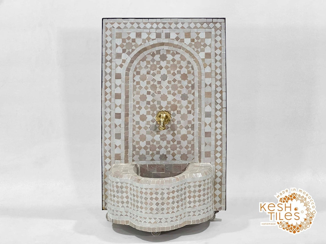 Samya - Beige Mosaic Fountain, Moroccan Zellige Tabletop Decor