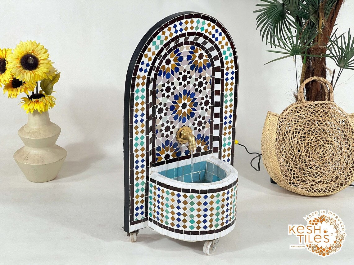 Naïla - 24K Candles Mosaic Fountain, Colorful Mid Century Zellige