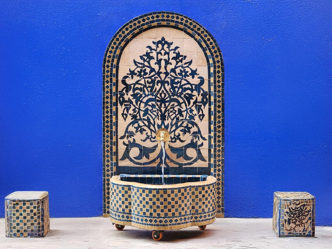 Souad - Tree of Life Mosaic Fountain, Arched Beige and Blue Zellige