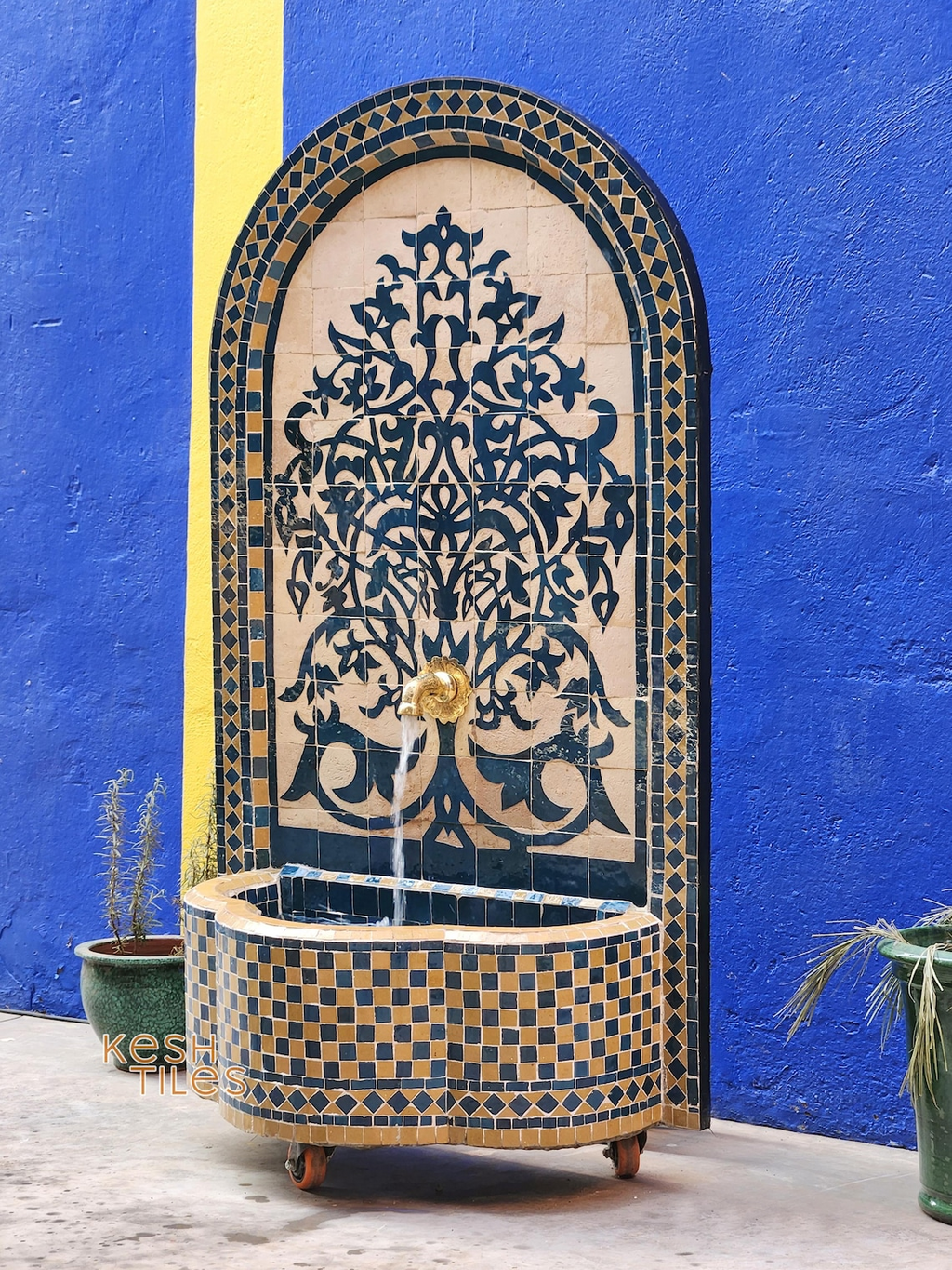 Souad - Tree of Life Mosaic Fountain, Arched Beige and Blue Zellige