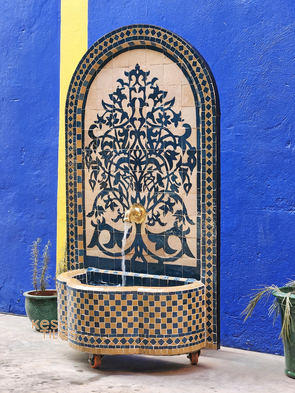 Souad - Tree of Life Mosaic Fountain, Arched Beige and Blue Zellige