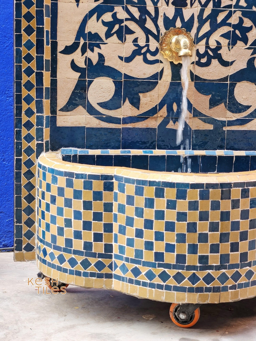 Souad - Tree of Life Mosaic Fountain, Arched Beige and Blue Zellige