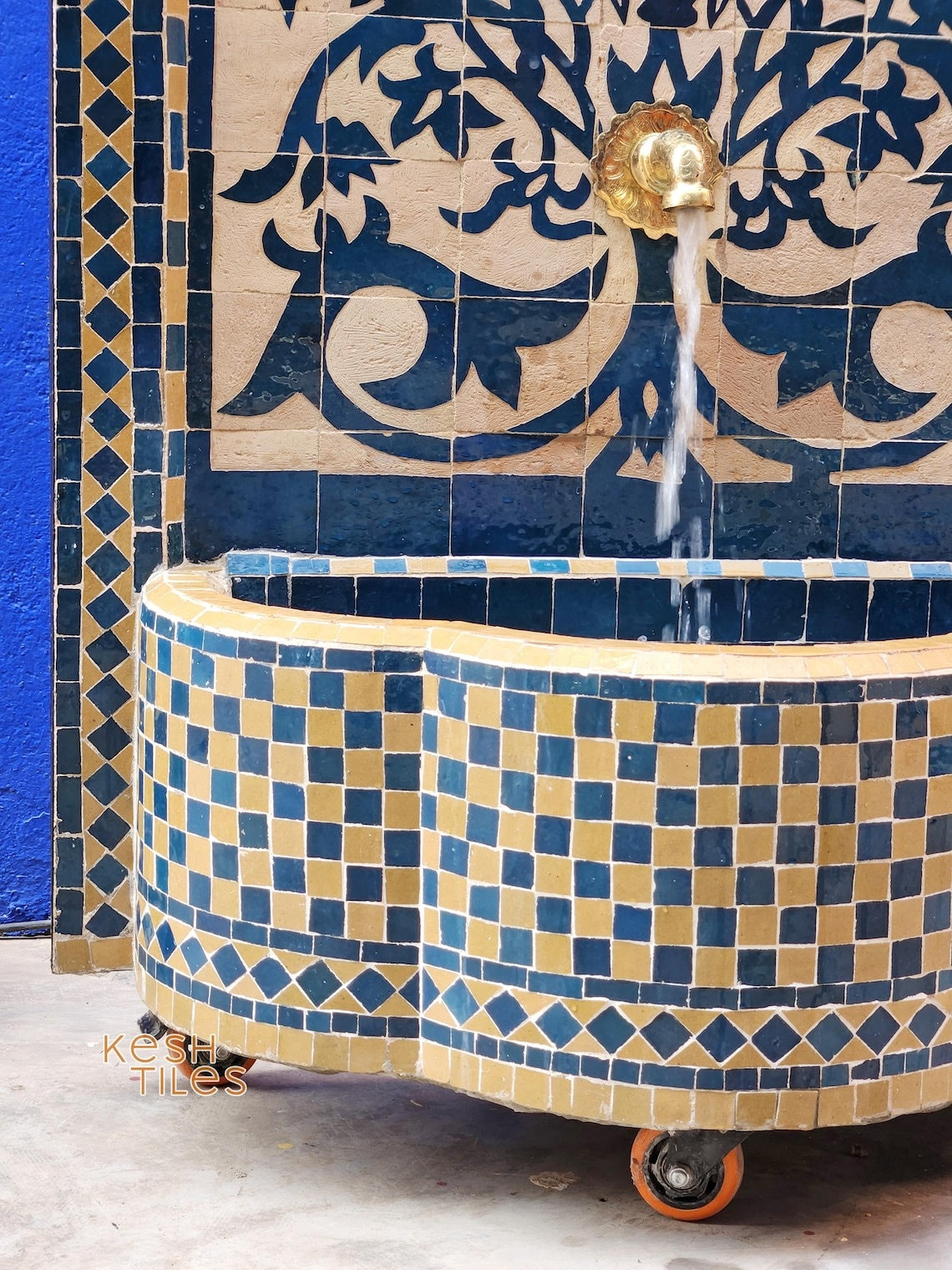 Souad - Tree of Life Mosaic Fountain, Arched Beige and Blue Zellige