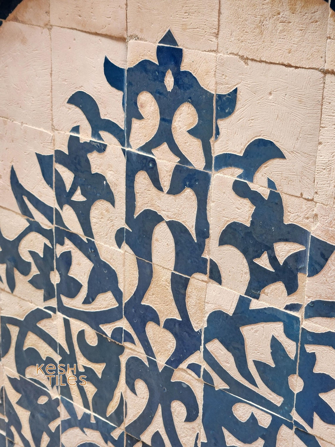 Souad - Tree of Life Mosaic Fountain, Arched Beige and Blue Zellige