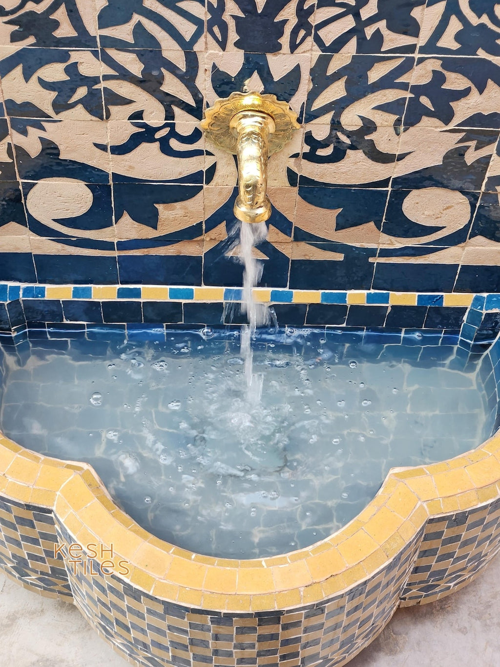 Souad - Tree of Life Mosaic Fountain, Arched Beige and Blue Zellige