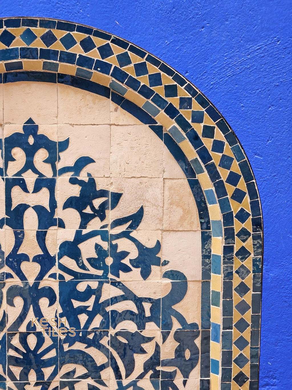 Souad - Tree of Life Mosaic Fountain, Arched Beige and Blue Zellige